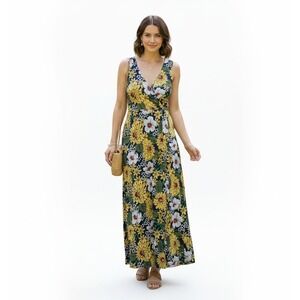 Retro 70s Flower Power Sunflower Maxi Dress Womens L Summer Resort Missing Belt